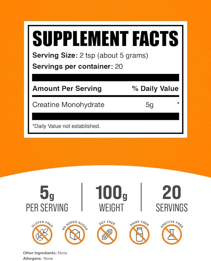 BulkSupplements.com Creatine Monohydrate Powder - Creatine Supplement, Micronized Creatine, Creatine Powder - Unflavored & Gluten Free, 5g (5000mg) per Servings, 100g (3.5 oz) (Pack of 1)