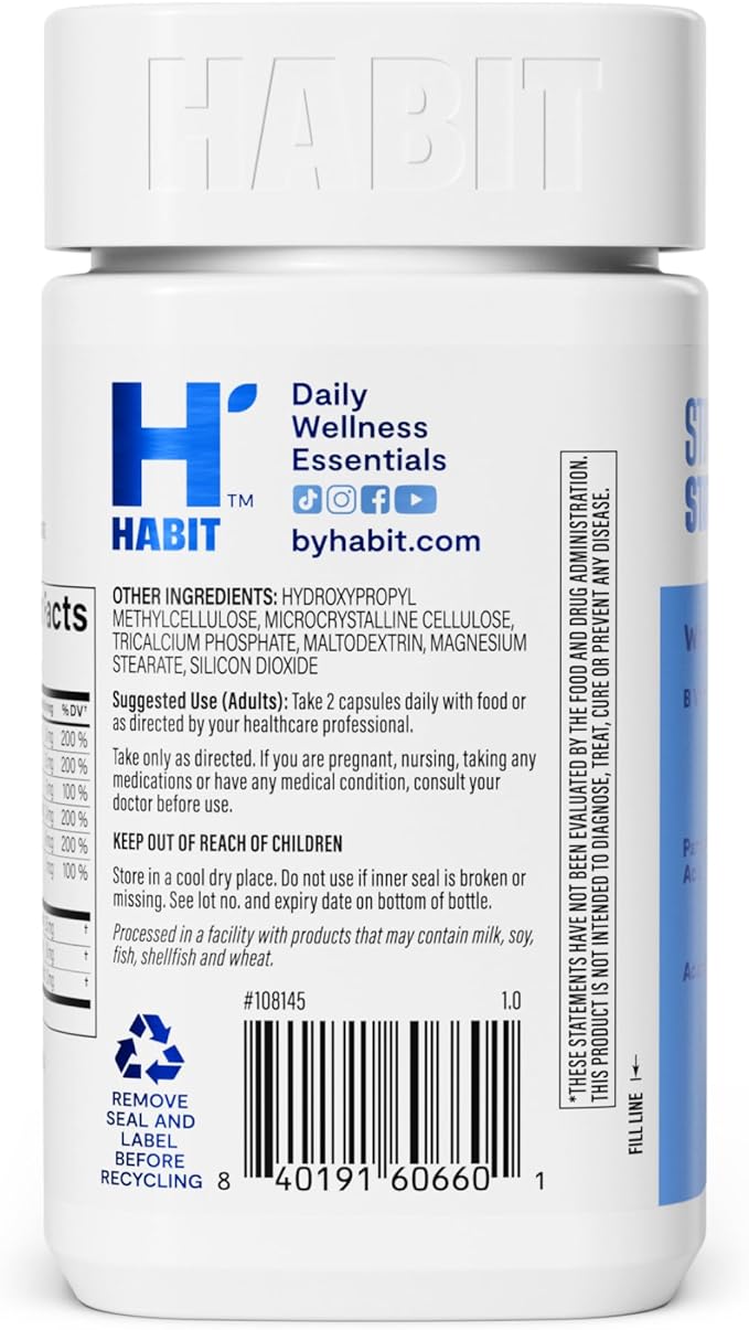 Habit Stress Relief Supplement 2 Pack (120 Capsules) - New Look, Supports Relaxation & Mood Balance, Vitamin B, Adaptogens, Lemon Balm, Calming, Vegan, Non-GMO