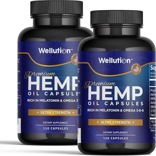 WELLUTION Hemp Oil Capsules with Ashwaganda and Melatonin (2-PK) Rich in Omega 3-6-9 - Supports Healthy Sleep, Stress, & Mood - Feel Refreshed - Made in USA - 120 Count