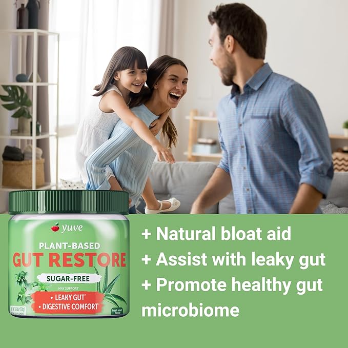 Yuve Gut Health Restore, Vegan & Non-GMO Leaky Gut Repair Supplements, Helps to Relief Bloating, Heartburn, Constipation, Gas & SIBO, with L-Glutamine, Licorice, & Aloe, Pharmaceutical Grade, 30 Servs