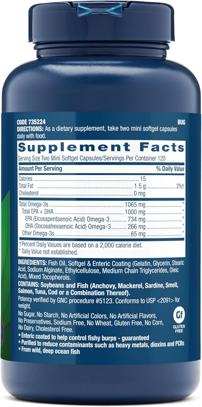 GNC Triple Strength Fish Oil Mini Omega 3 Supplement, 1000mg EPA and DHA, Supports Heart, Brain, Skin, Eye and Joint Health, 240 Mini Softgels