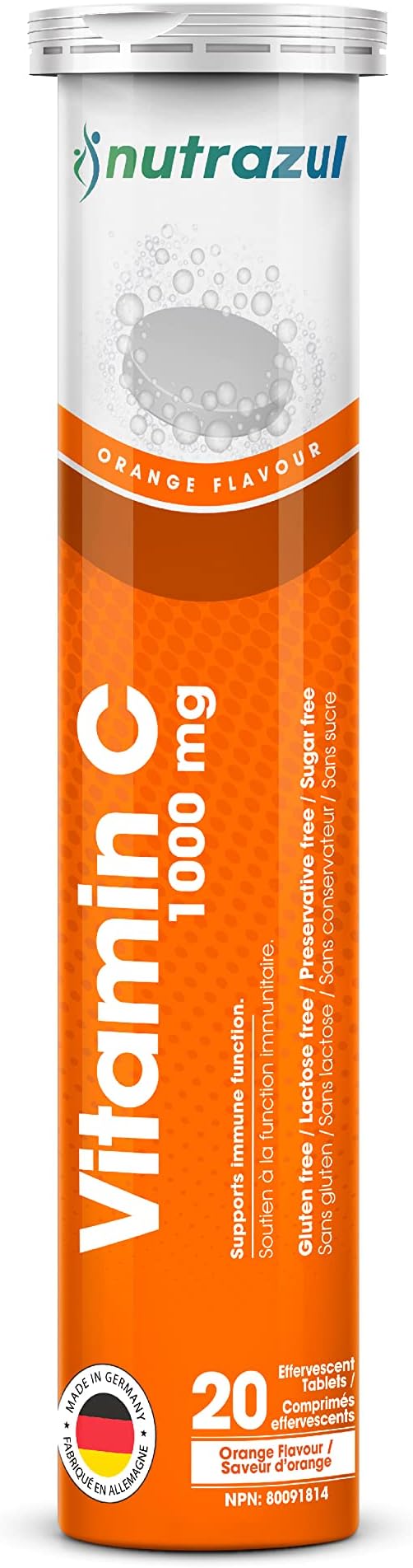Nutrazul Vitamin C 1000mg Effervescent Tablets- Orange 20’s | 20 Days Supply | Gluten Free, Lactose Free, Sugar Free & Preservative Free | Maintains Immune Function