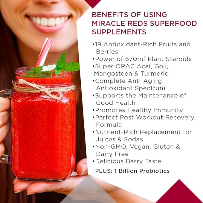 MacroLife Naturals Miracle Reds Superfood Supplement Powder Antioxidants Polyphenols Enzymes Probiotics - Raw Non-GMO Organic Vegan Gluten & Dairy Free (12 Packet)