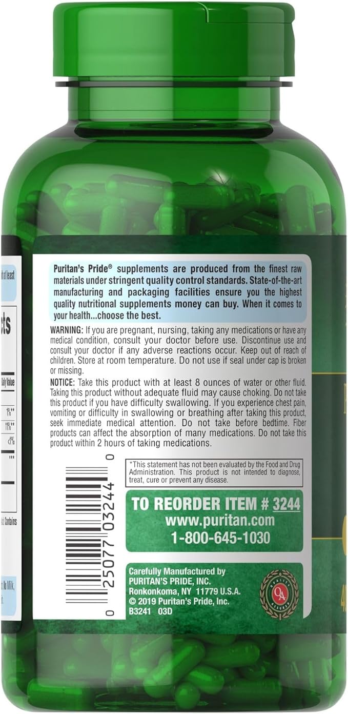 Puritan's Pride Herbal Ease® Psyllium Husks 500mg, Dietary Supplement for Digestive, Colon, and Heart Health Support, Daily Fiber Capsules, 2 Month Supply, 400 Rapid Release Capsules