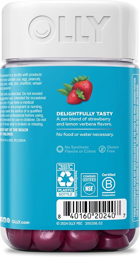 OLLY Goodbye Stress Gummy, GABA, L-Theanine, Lemon Balm, Stress Relief Supplement, Berry - 74 Count