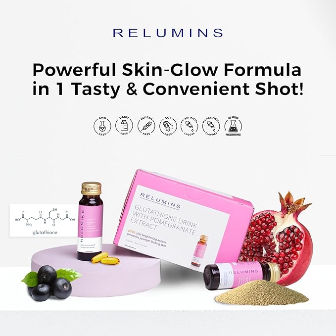 Relumins Glutathione Drink & Vitamin C Bundle – Brightening & Firming Pomegranate Gluta Shots (50mL x 10 Bottles) + Advanced Vitamin C with Rose HIPS & Bioflavonoids (180 Veg Caps)