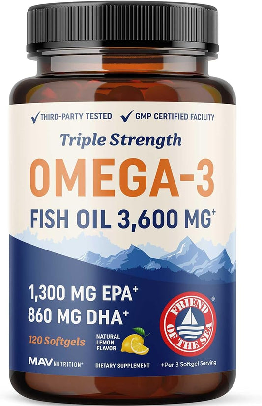 Triple Strength Omega 3 Fish Oil 3600 mg | EPA & DHA | Over 2100mg Omega-3 Fatty Acids | 1300mg EPA + 860mg DHA | Best Essential Fatty Acids | Premium Wild Caught & Burpless Fish Oil | 120 Ct