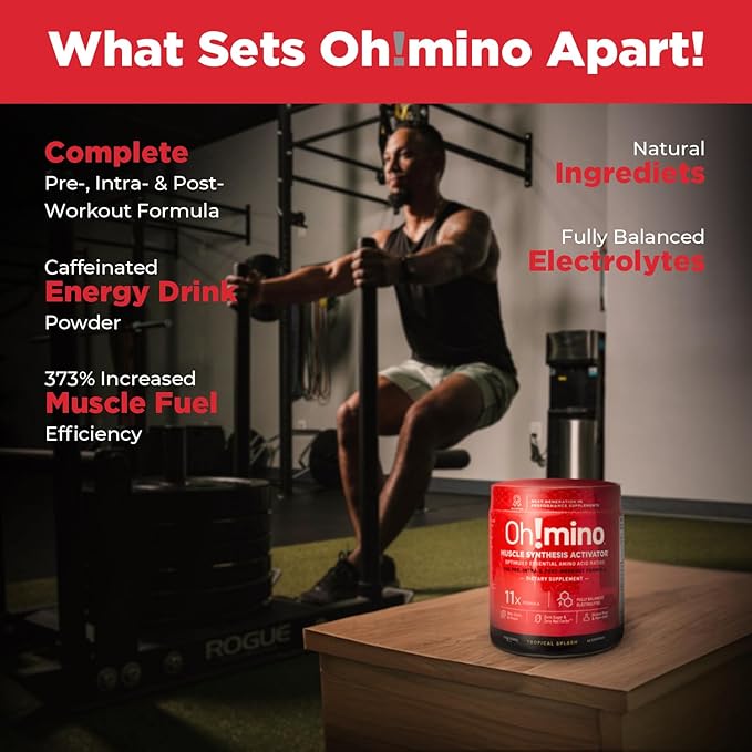 Oh!mino Amino Acids for Muscle Gain - BCAAs Amino Acids Powder Supplement for Pre & Post Workout - Caffeinated, Non Dairy, Vegan, Zero Sugar & Net Carbs - 40 Servings (Tropical Splash)