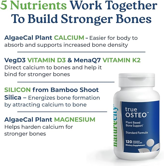 NatureCity True-Osteo Plant-Based Supplement for Bone Strength | AlgaeCal Calcium & Magnesium, Plant-Based Vitamin D3, Vitamin K2, Silicon| Gentle on Stomach (120 Veggie Capsules)