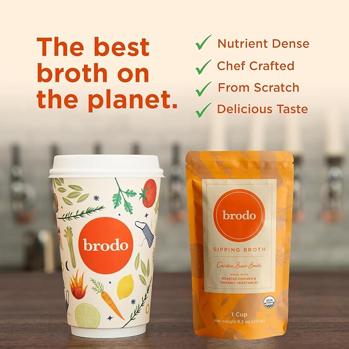 Brodo 100% Grass-Fed Beef Bone Broth, Collagen-Rich and Protein-Packed, Slow-Simmered with Organic Vegetables and Herbs, Nutrient-Dense Broth for Sipping and Cooking (6 x 8.3 oz. Pouches)