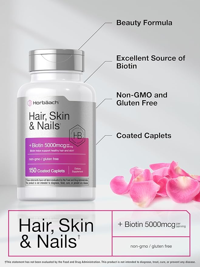 Horbäach Hair Skin and Nails Vitamins | 150 Caplets | with Biotin and Collagen | Supplement for Women and Men | Non-GMO, Gluten Free