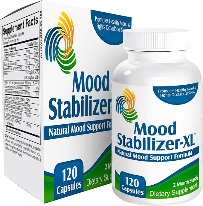 MOOD STABILIZER-XL | 2-Month Supply | Mood Support Blend Supplement | 13 Natural Ingredients | 5-HTP | Ashwagandha | GABA | St. John's Wort Extract | Healthy Mood Supplements & Vitamins | 120 Capsules