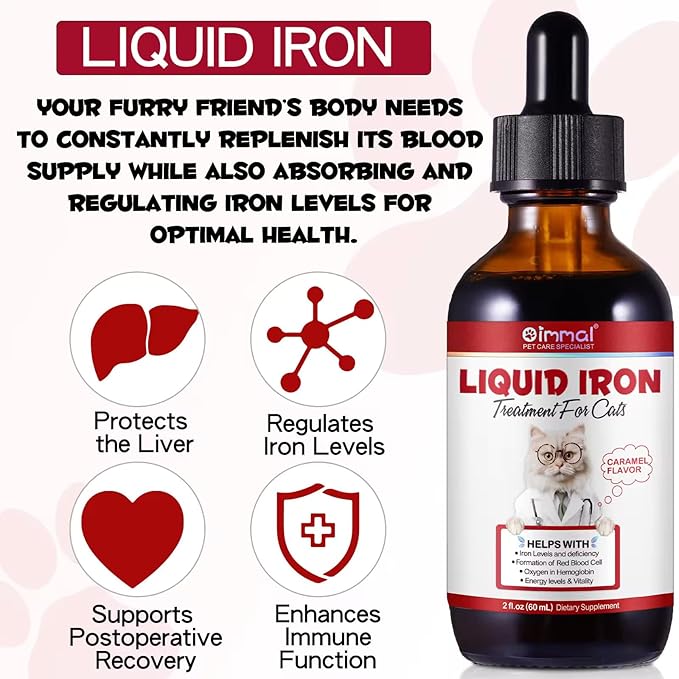 Liquid Iron Supplements for Cats and Kittens - with Folate and B12 – Supplements Anemia, Promotes Blood Health, Oxygen Supply and Blood Cell Formation – Increase Low Energy Levels – Lethargy - 2 oz