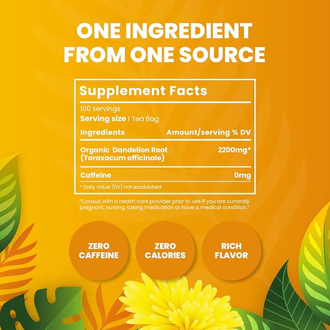 Organic Dandelion Root Tea-100 Tea Bags | Organic Herbal Tea | Eco-Friendly Tea Bags | Non-GMO Caffeine Free Tea