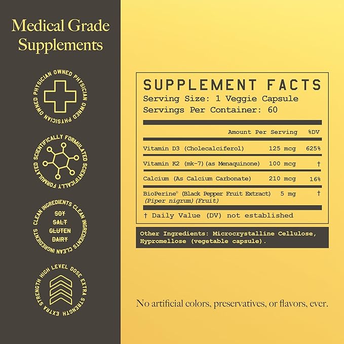 High Level K2-D3, Vitamin K2 Supplement, Dual Action Support Complex with Bioperine (Black Pepper) & 5000IU D3 Cholecalciferol, Support for Heart, Bone & Health Defense, 100MCG, 60 Veggie Capsules