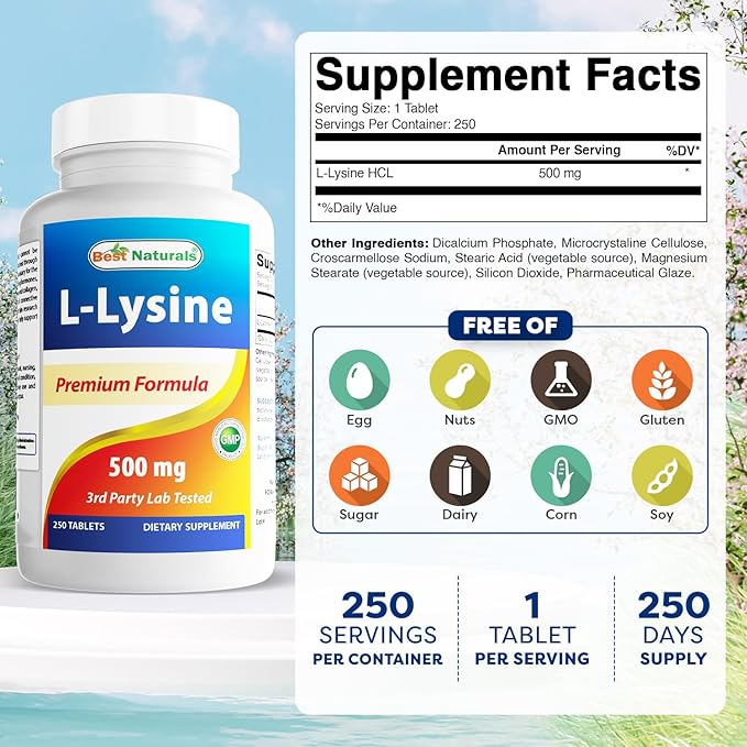 Best Naturals L-Lysine 500 mg 250 Tablets (250 Count (Pack of 2))