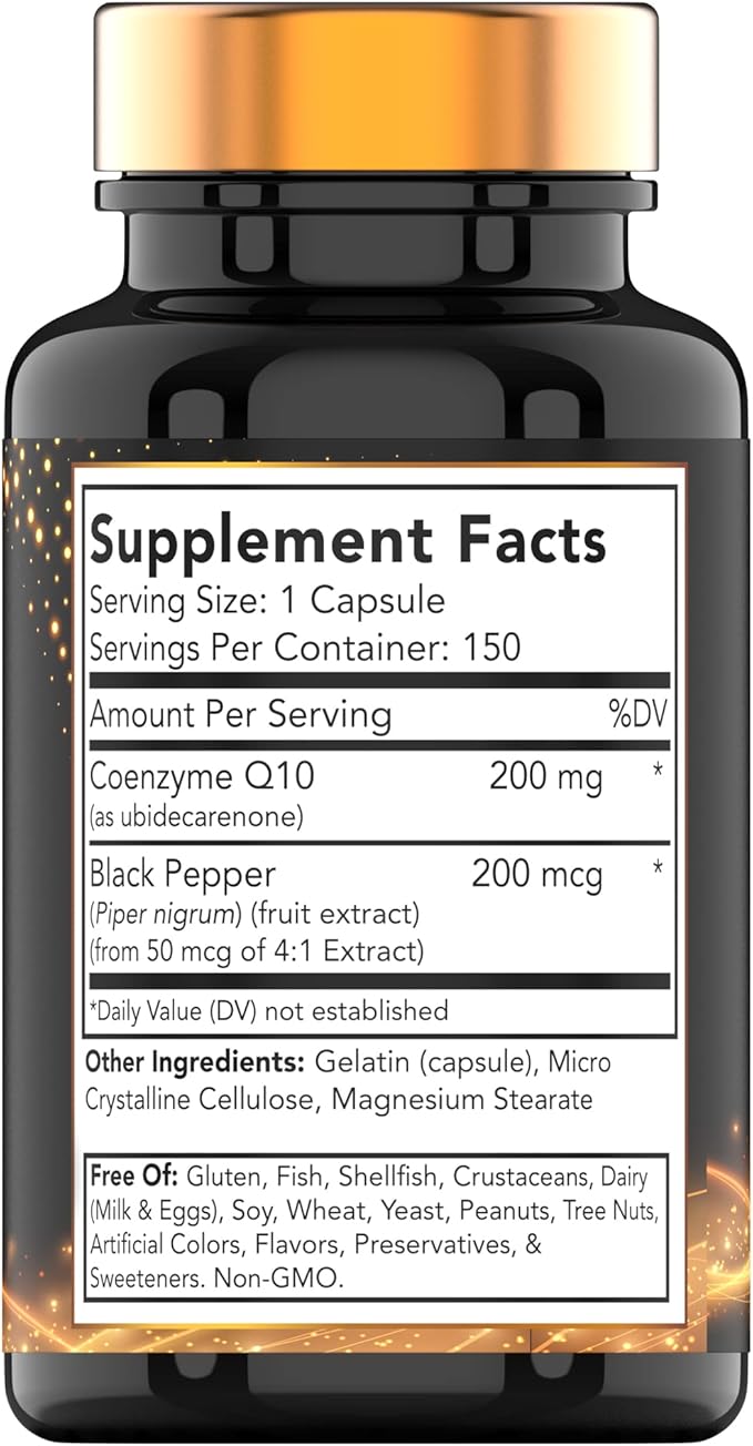 CoQ-10 200mg - 150 Capsules with Black Pepper Extract | 5 Month Supply! | Powerful Free Radical Fighting Antioxidant | Max Absorption Rapid Release Capsules | Coenzyme Q-10 200 mg