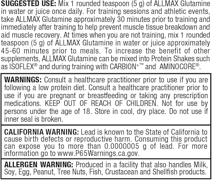 ALLMAX Essentials GLUTAMINE - 100 g Powder - Fermentation-Derived Glutamine - Increases Recovery & Supports Immune System - Gluten Free & Vegan - 20 Servings