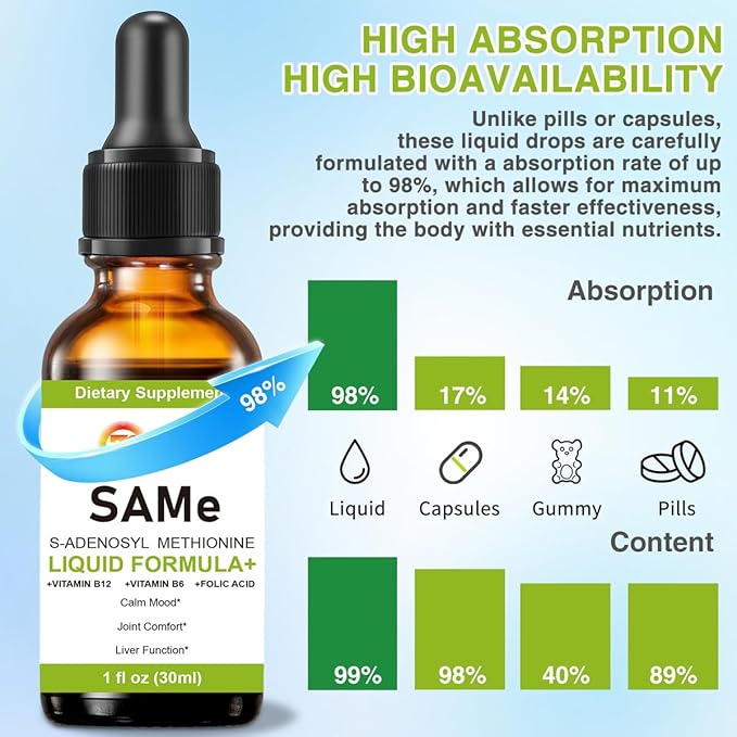 7c Sam e Liquid Supplement (S-Adenosylmethionine), Vitamin B6, B12 Added to Enhance Sam-e Effectiveness, 98% Absorption, Vegan, Non-GMO, Gluten-Free, 1 Fl Oz