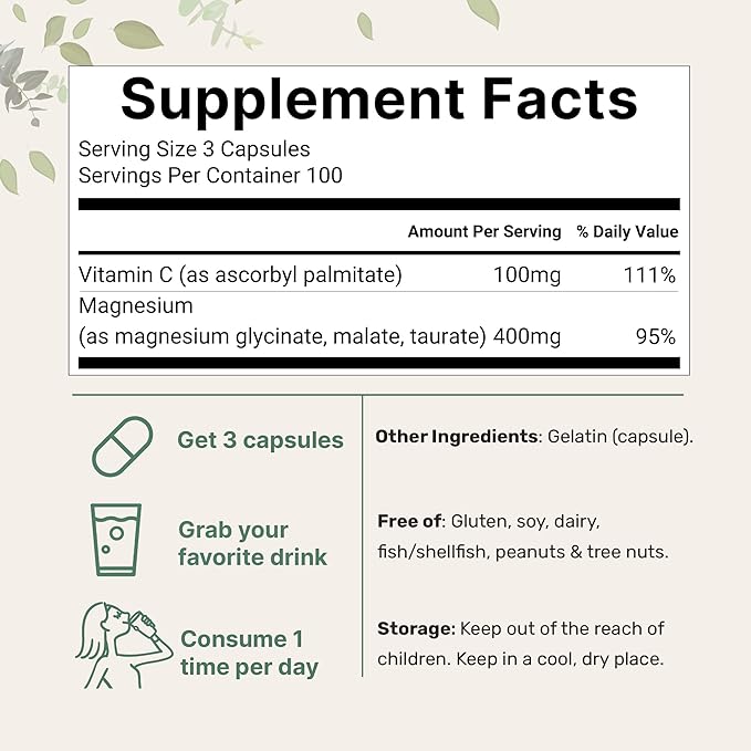 Pure Triple Magnesium Complex, 300 Capsules | 400mg of Magnesium Glycinate, Malate, Taurate with Vitamin C | Only Uses Active Ingredients | Filler Free Supplement | 100% Chelated
