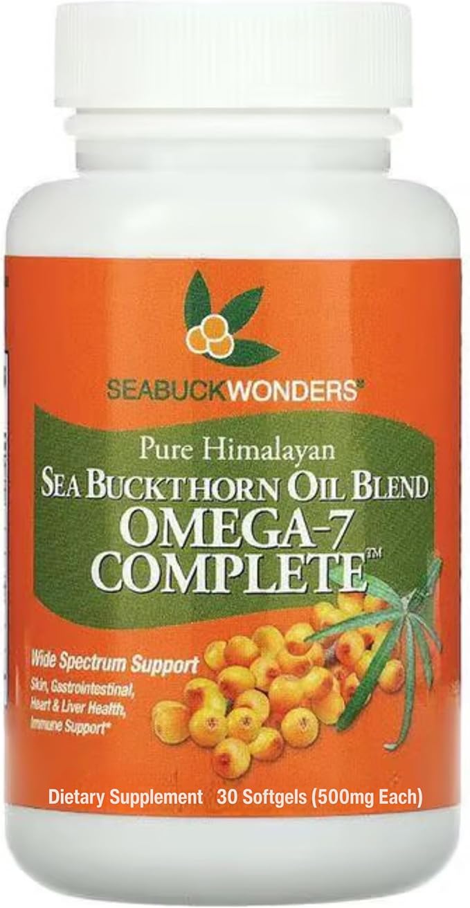 Organic Sea Buckthorn Oil, Omega-7 Complete Softgels, 30 Count, with Omega 3, 6 & 9, Supports Hair, Skin & Nail Health, 1000mg per Serving