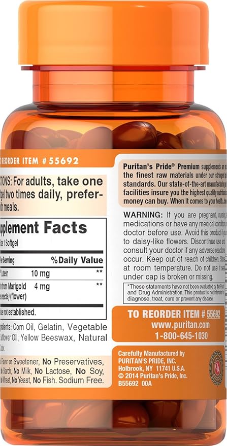 Puritan's Pride Zeaxanthin 4mg with Lutigold™ Lutein 10mg Carotenoids, Dietary Supplement for Healthy Eyes and Vision, 60 Easy-to-Swallow Rapid Release Softgels