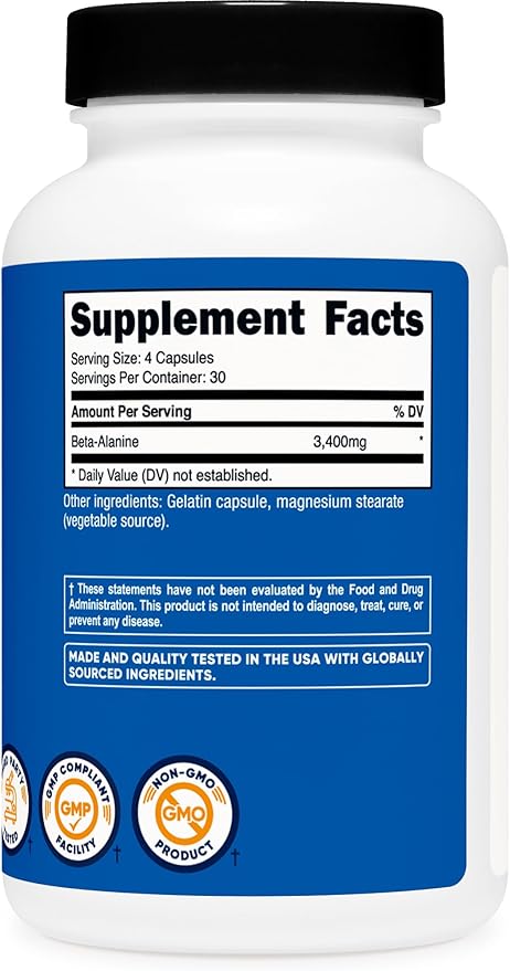Nutricost Beta-Alanine Capsules 3400mg, 120 Caps (30 Serv) - Potent Beta Alanine, Gluten Free & Non-GMO, 850mg Per Cap