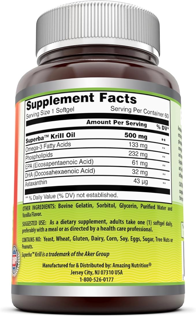 Amazing Omega Superba Krill Oil 1000 Mg Per Serving 60 Softgels (Non-GMO,Gluten Free) - Omega 3 Fatty Acids with 120 mg EPA & 56 mg DHA
