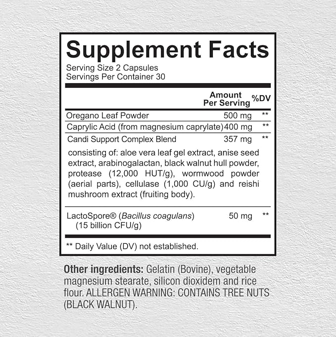 Premium Candida Cleanse Supplement – Candida Support Supplement with Oregano, Caprylic Acid, Black Walnut & Probiotics – Supports Gut Health, Digestion & Intestinal Flora - 60 Candi Support Capsules