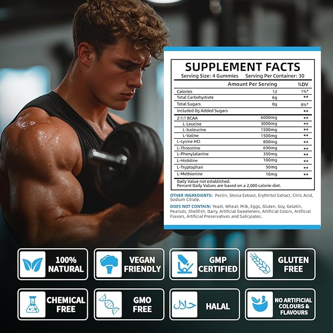 EAA Gummies: Essential Amino Acids All 9 Essential Aminos & Branched-Chain Aminos Non-GMO Gluten Free Vegetarian-Friendly 120 Gummie Blue Raspberry