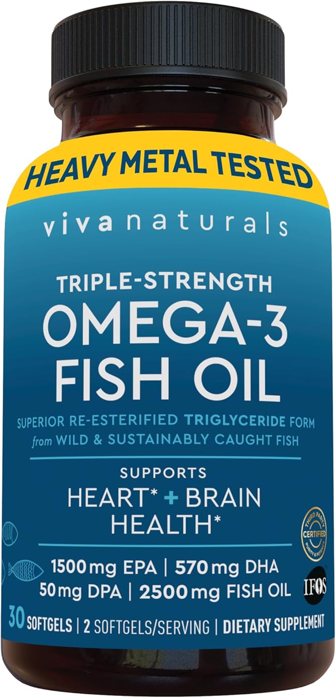 Viva Naturals Omega 3 Fish Oil Supplement for Women and Men - 2500 mg Triple Strength Fish Oil Pills with Re-Esterified Omega 3 Fatty Acids Including EPA, DHA DPA - 30 Pescatarian-Friendly Softgels