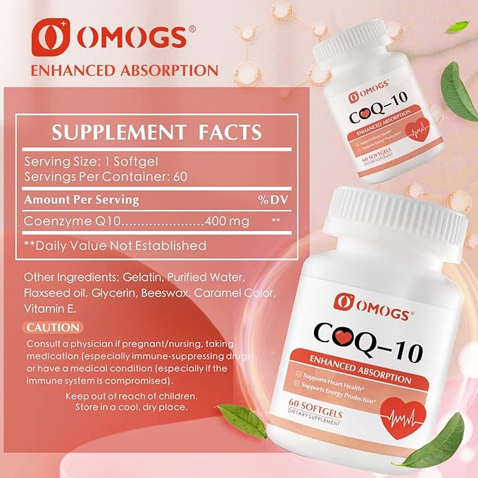 CoQ10 400mg Softgels, Coenzyme Q10 High Absorption Supplements Support Heart Health, Cardiovascular Health, Immune System & Cellular Energy Production, Gluten Free, 60 Softgels