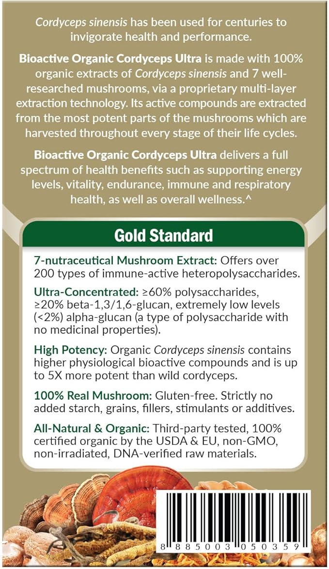 LABO Nutrition Bioactive Organic Cordyceps Ultra – 8 Mushroom Extract Supplement, Cordyceps, Reishi, Turkey Tail, Maitake, Agaricus blazei, Shiitake, for Immunity, Energy, Stamina, No Fillers