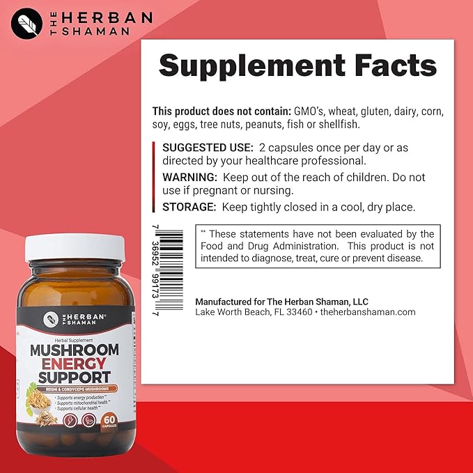 Mushroom Supplement Energy Support | Organic Mushroom Herbal Capsules with Reishi, Ginkgo, Rhodiola, Maca, Chinese Ginseng, CoQ10 + More (60 Capsules)