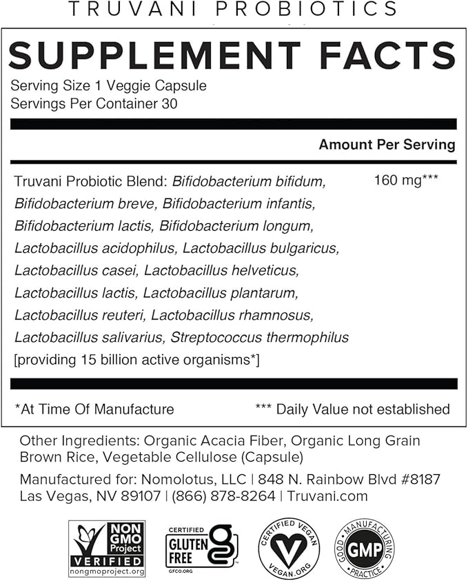 Truvani Probiotic Supplement | 30 Servings | 15 Billion CFU | 15 Diverse Strains for Digestive, Immune & Brain Health Support | Shelf-Stable Vegan Capsules | Non-GMO, No Fillers