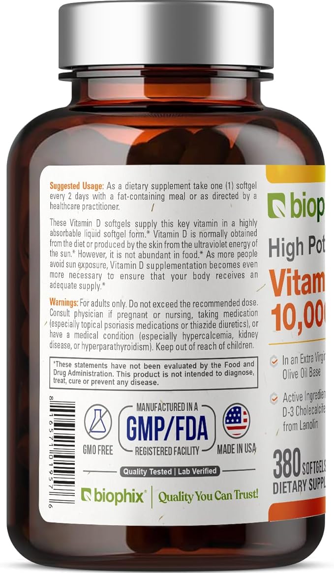 biophix Vitamin D-3 10000 IU 380 Softgels - High-Potency in Extra Virgin Olive Oil Non-GMO Soy-Free Supports Strong Bones Immune Health