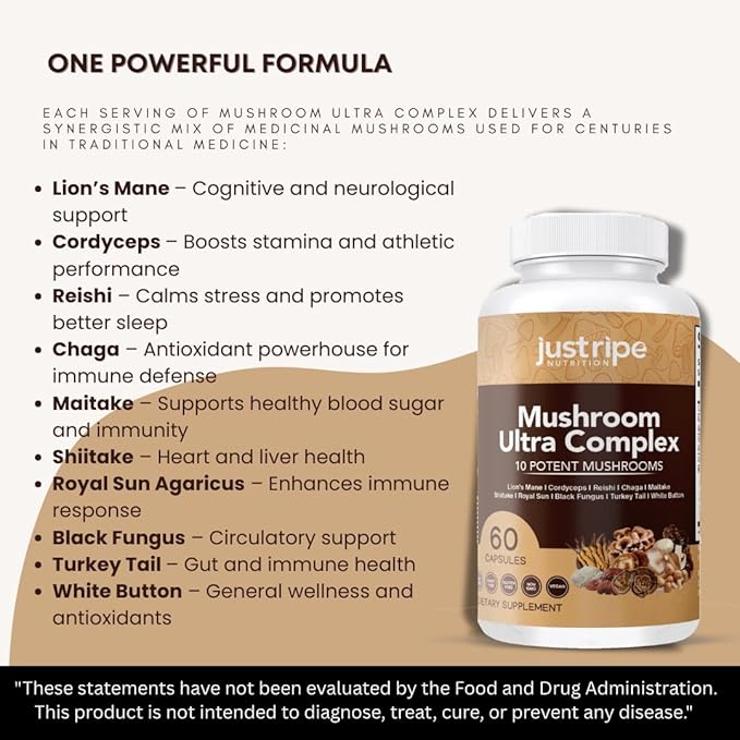 Mushroom Ultra Complex - Reishi, Cordyceps, Lions Mane & Shiitake - Immune System Booster & Nootropic Brain Supplement - Enhance Memory and Focus - Stress Relief - 60 Capsules