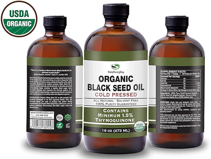 Organic Black Seed Oil - USDA Certified Cold Pressed Glass Bottle Over 1.5% Thymoquinone 3X strength Turkish Black Cumin Nigella Sativa non-GMO 100% Pure Blackseed Oil (32oz Glass (2X16) Bottle)