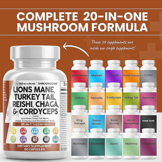 Clean Nutraceuticals Lions Mane 20in1 Mushroom Supplement with Turkey Tail Reishi Cordyceps Chaga Maitake Meshima Poria Cocos Shiitake Oyster Porcini Enoki - 3Pack