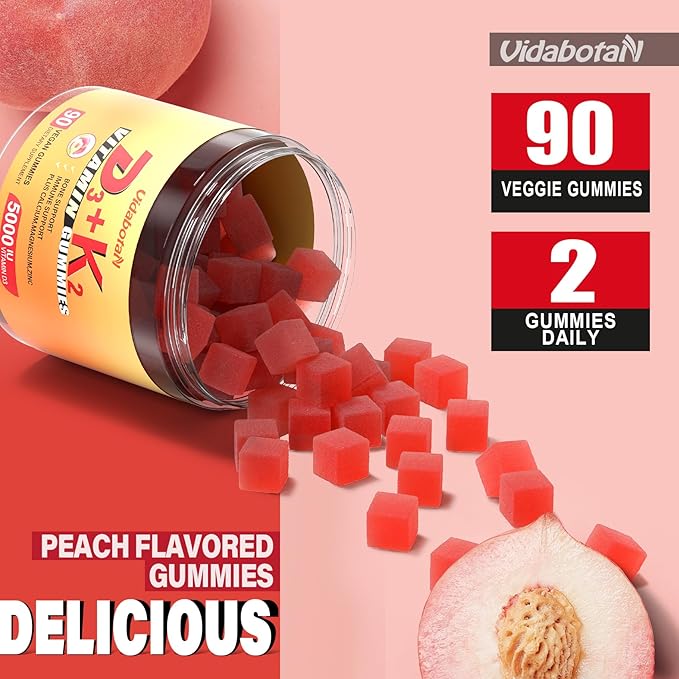 Sugar Free Vitamin D3 K2 Gummies, Vitamin D3 5000IU & Vitamin K2(MK7) 120mcg with Calcium, Magnesium and Zinc for Bone, Teeth, Muscle, Natural Peach Flavor, Vegan, 90 chewable Gummies