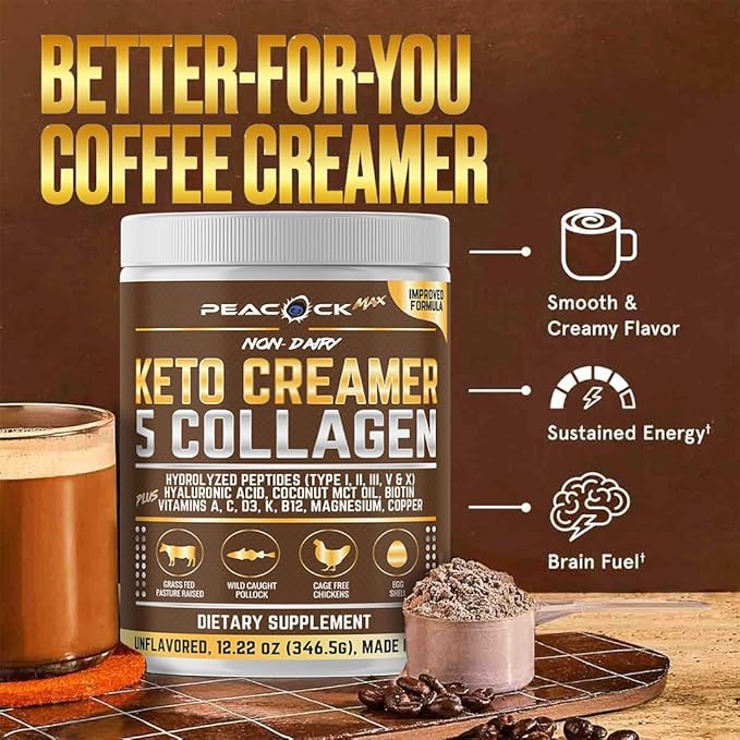 Collagen Keto Creamer Powder, Coconut MCT, Peptides, 12.22 oz, Unflavored, Hydrolyzed, B12, Magnesium (12.22 Ounces (Pack of 1))