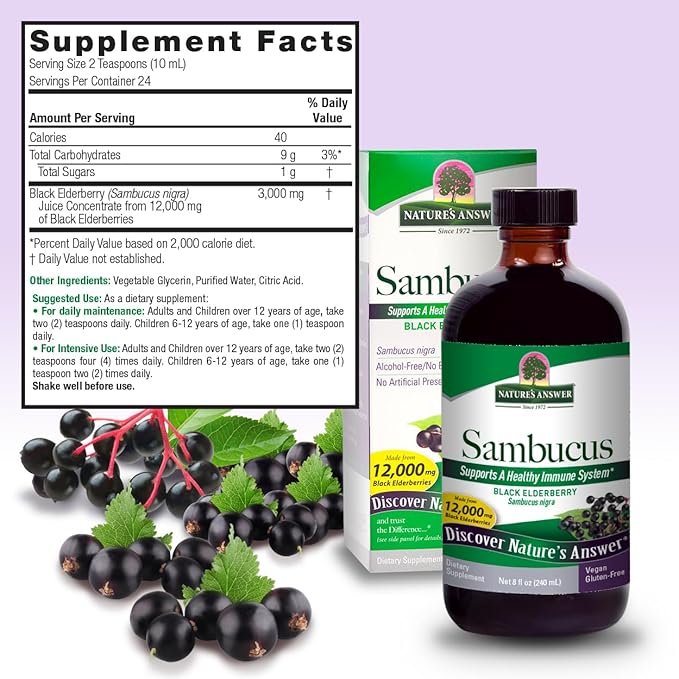 Nature's Answer Sambucus Black Elder Berry Extract Syrup in Plastic Bottle Alcohol-Free 8-Fluid Ounces | Daily Immune Support | Packed with Antioxidants | Family Friendly | Flue Season Defender