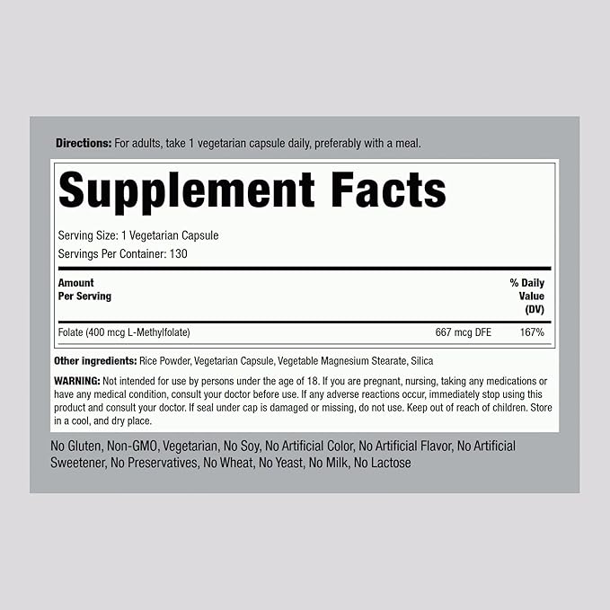 Piping Rock L MethylFolate Supplement | 400 mcg | 130 Capsules | Vegetarian, Vegan | Non-GMO, Gluten Free