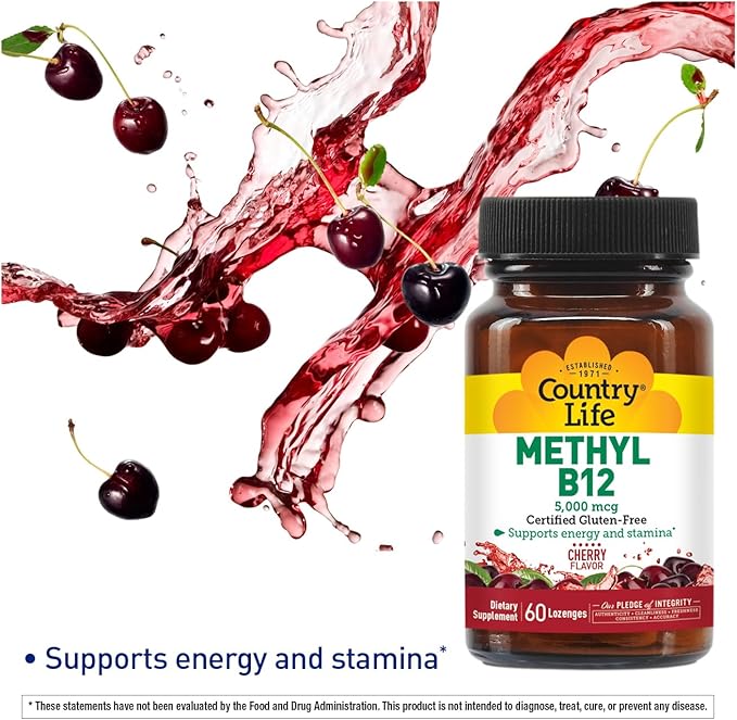 Country Life Methyl B12, Supports Energy & Stamina, 5,000mcg, 60 Lozenges, Certified Gluten Free, Certified Vegan, Certified Non-GMO Verified