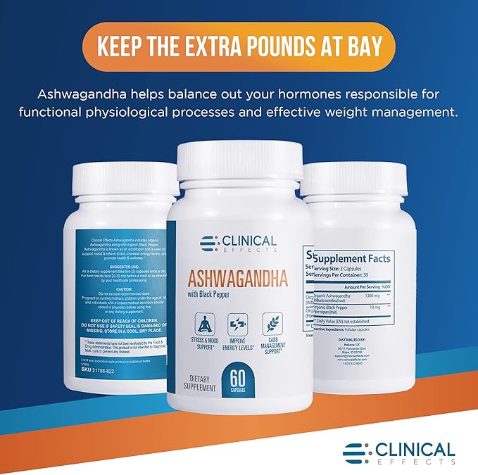 Clinical Effects Ashwagandha with Black Pepper for Stamina and Calm - 3 Pack, 180 Ashwagandha Capsules - Made in The USA