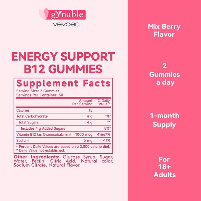 Vitamin B12 Gummies,Energy Support, Nervous System Health Support,Mixed Berry Flavor, 1000mcg, 60 Count,Gelatin-Free, Gluten-Free, Vegan & Non-GMO