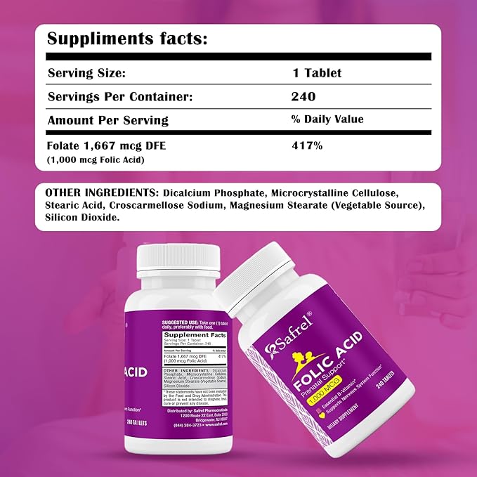 Safrel Folic Acid 1000 mcg (1 mg) - Vitamin B9-240 Tablets, Essential Prenatal and Postnatal Vitamin for Fetal Development, Red Blood Cell Production, Cell and Neural Development | Non-GMO, Vegan
