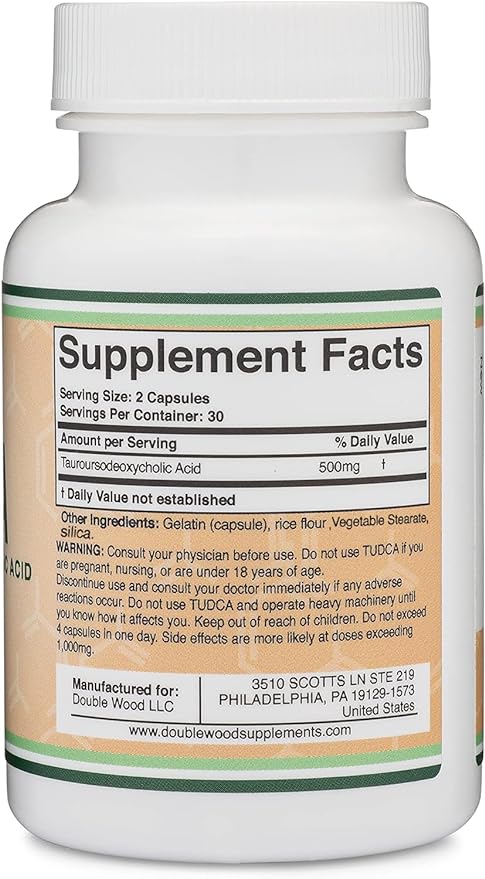 TUDCA Bile Salts Liver Support Supplement, 500mg Servings, Liver and Gallbladder Cleanse Supplement (60 Capsules, 250mg) Genuine Bile Acid TUDCA with Strong Bitter Taste by Double Wood