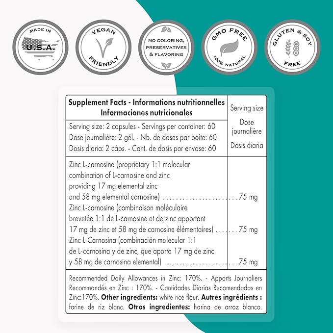 SuperSmart Zinc L-Carnosine 75mg per Day (Well-Tolerated) - Zinc Carnosine Supplement | Non-GMO & Gluten Free - 120 Vegetarian Capsules