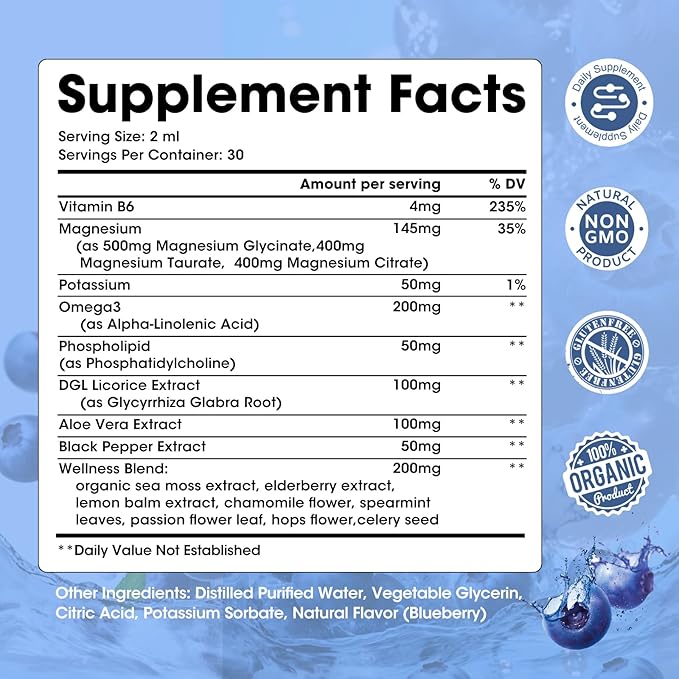 Magnesium Glycinate Liquid Drops with Taurate & Citrate, Magnesium Supplement for Sleep, Calm & Relaxation, with Potassium & Omega-3, High Absorption Formula, Blueberry Flavor, 2 Fl Oz